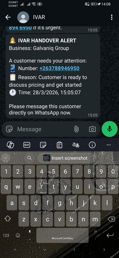 A real handover alert, sent the moment it mattered